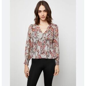 BCBGMaxAzria Floral Metallic V Neck Long Sleeve Blouse Size Large (L)